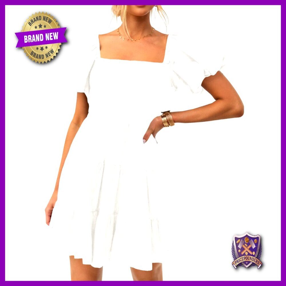 Boho Square Neck Puff Sleeve Off Shoulder Smocked Tiered Mini Dress Casual